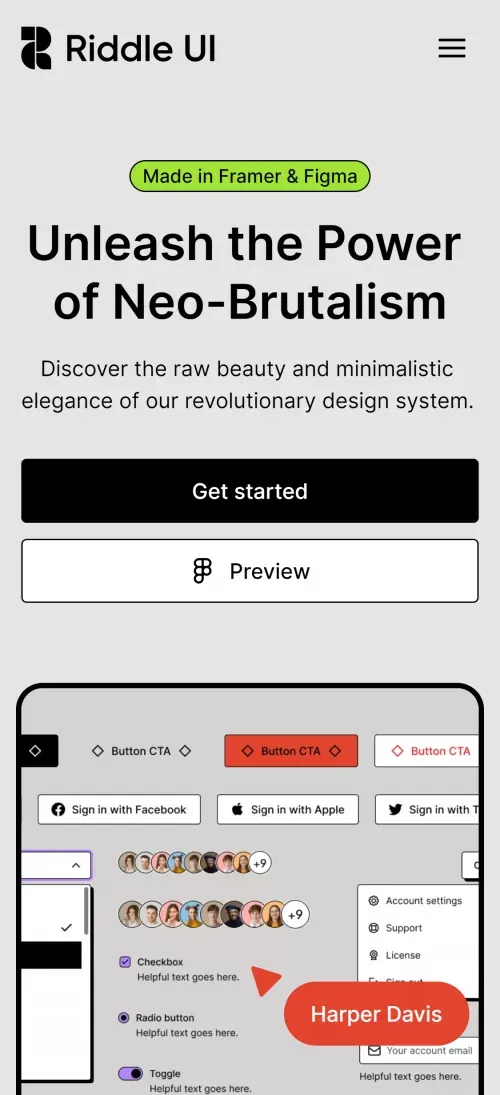 Riddle UI - Neo Brutalism Design System mobile view