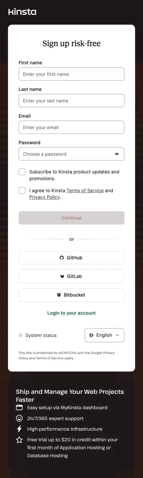 Sign Up | Try Kinsta for Free mobile view