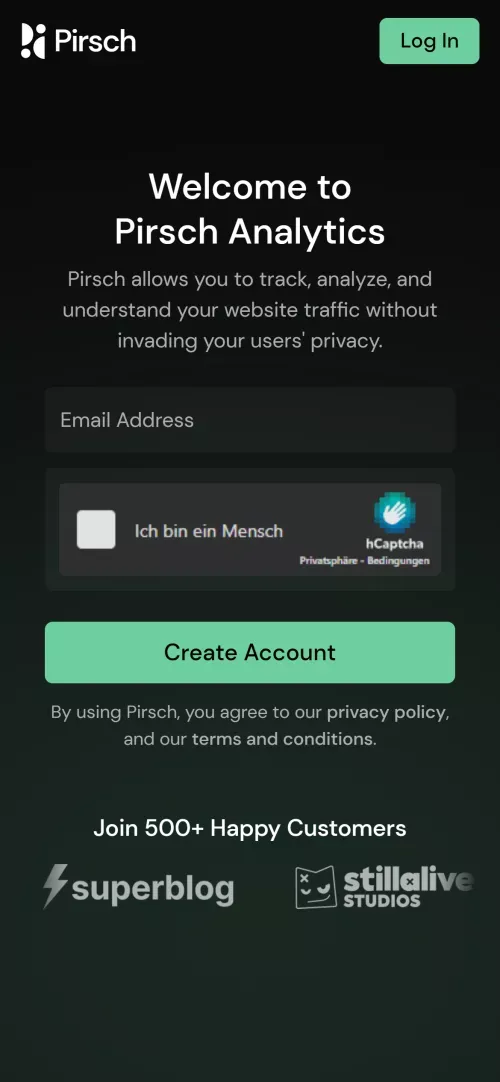 Signup – Pirsch Analytics mobile view