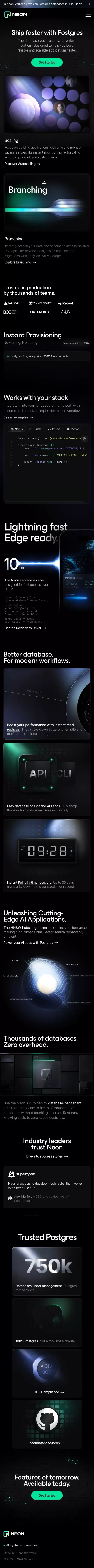 Neon — Ship faster with Postgres mobile view