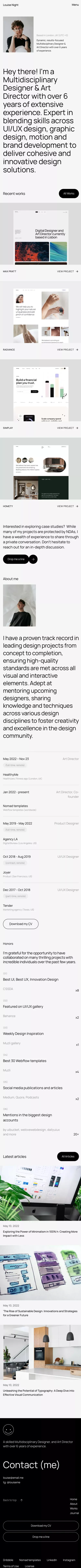 Louise Night – Webflow HTML website template mobile view