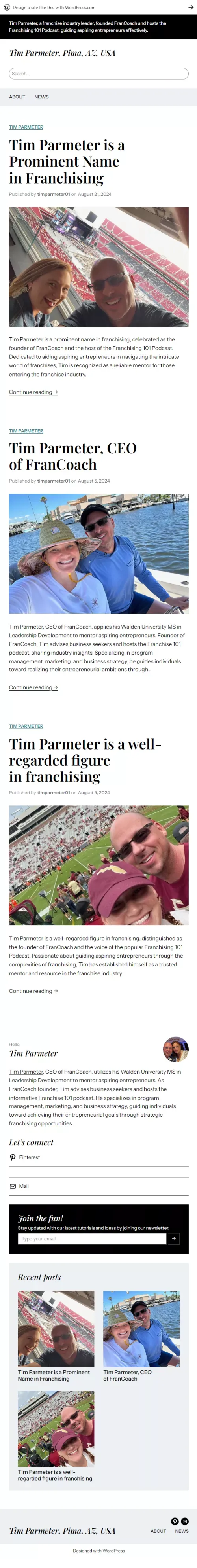 Tim Parmeter, Pima, AZ, USA – Tim Parmeter, CEO of FranCoach, leverages his Walden University MS in Leadership Development to empower aspiring entrepreneurs. mobile view