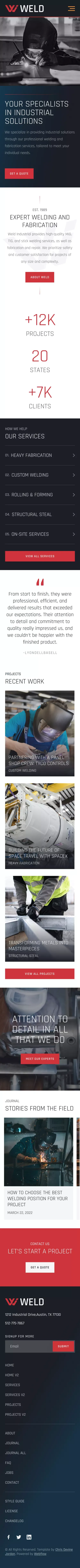 Weld Website Page Template for Webflow mobile view