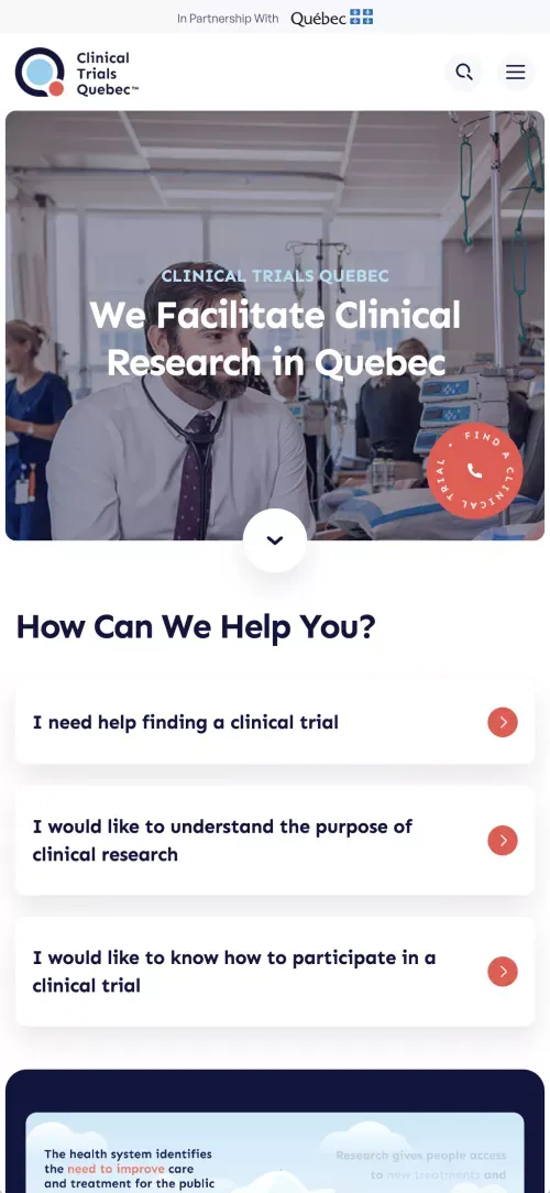 Facilitating clinical research - Clinical Trials Quebec mobile view