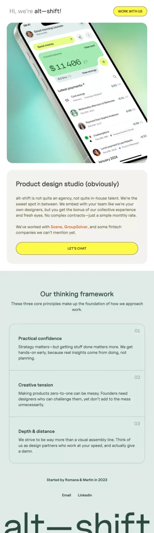 Product design studio that feels like in-house team | alt-shift mobile view