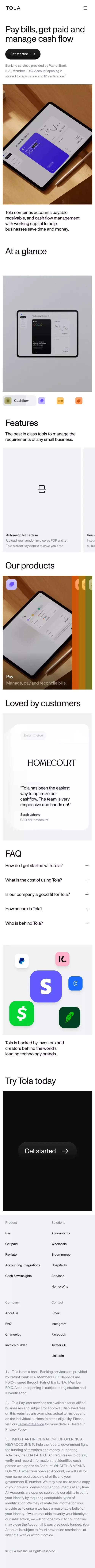 Tola - Accounts payable, accounts receivable and cash flow management mobile view