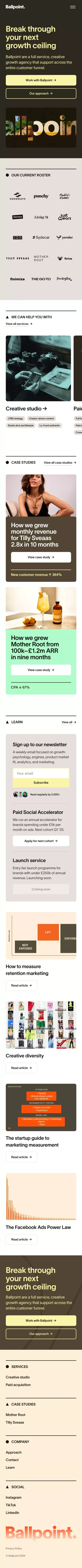 Ballpoint · London-based creative growth agency mobile view