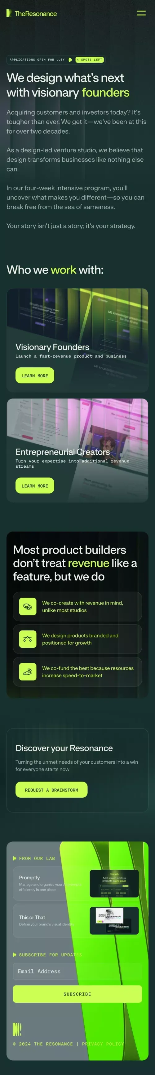 The Resonance | A design-led Venture studio for entrepreneurs mobile view