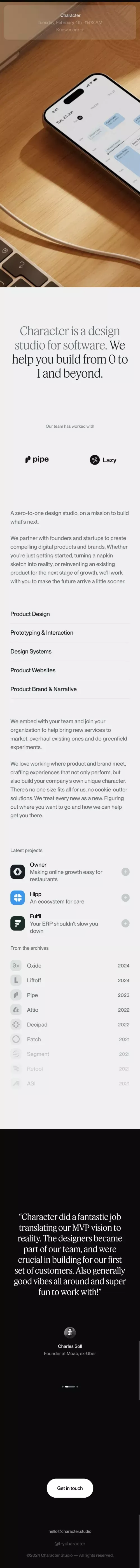 Character · A design studio for early-stage mobile view