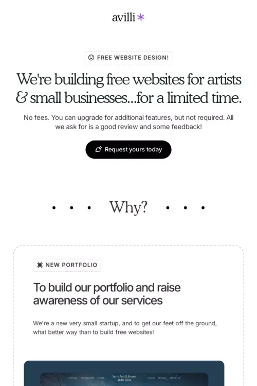 We'll build you a free website - Avilli mobile view