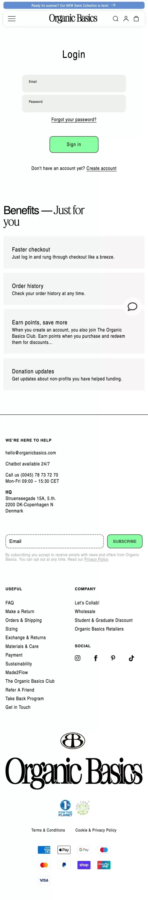 Account – Organic Basics EU mobile view