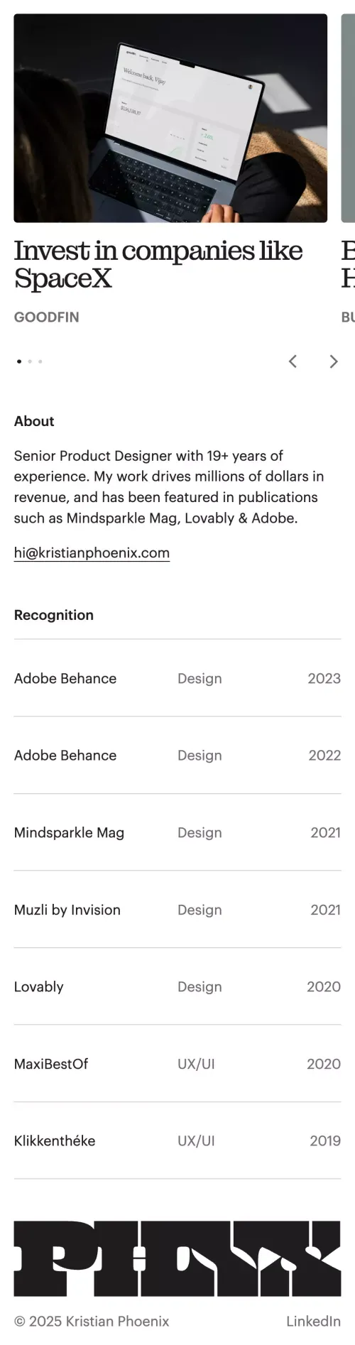Kristian Phoenix - Senior Product Designer mobile view