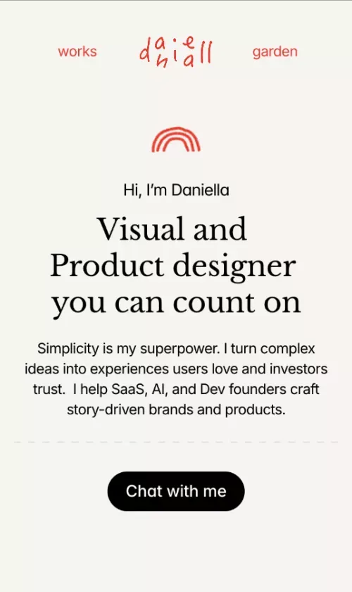 Daniella Marynova - Visual & Product Designer for SaaS, Fintech, AI, web3 and dev tools mobile view