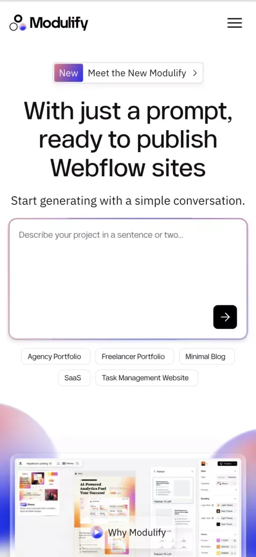 Modulify – Fastest AI Website Builder for Webflow mobile view