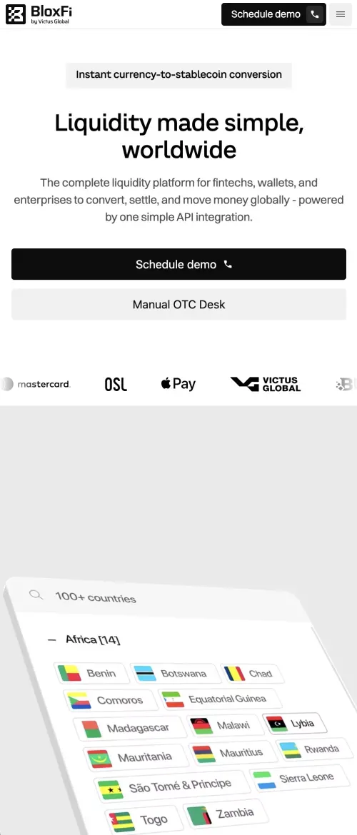 Global API for Currency Conversion & Settlement | BloxFi mobile view