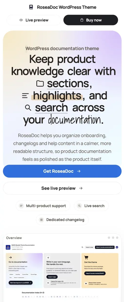 RoseaDoc WordPress Documentation Theme mobile view