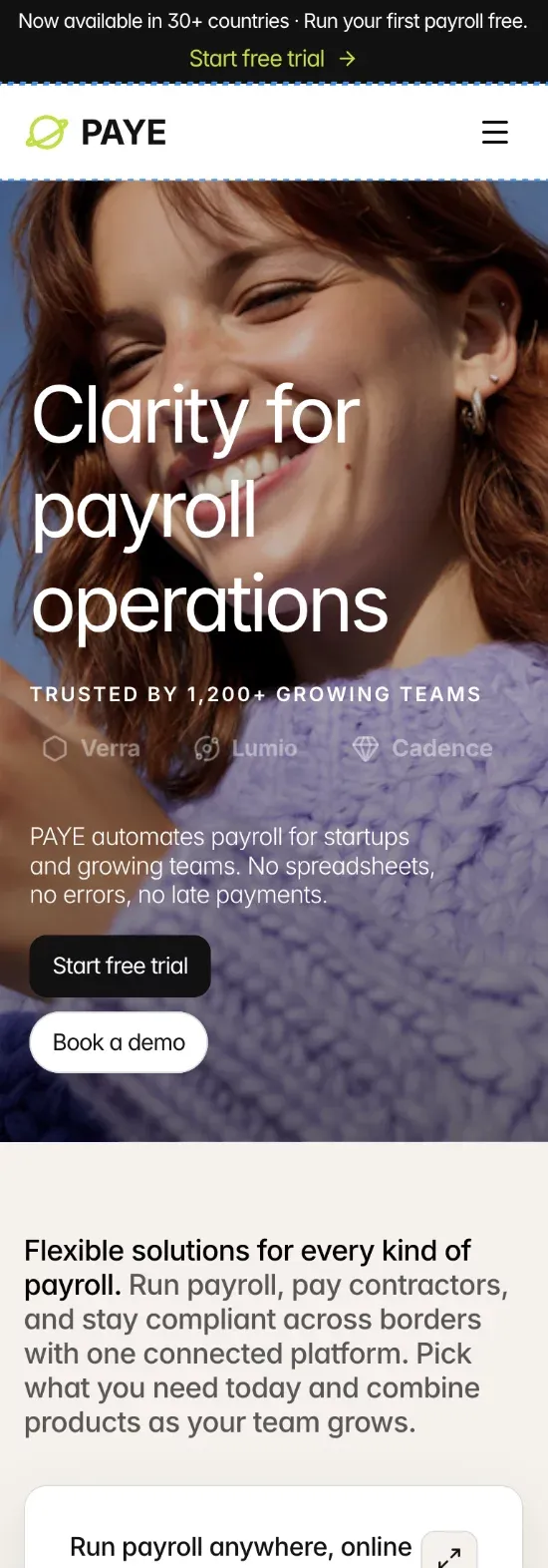 PAYE - Payroll & Fintech SaaS Template mobile view