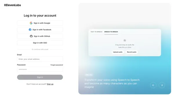 AI Voice Generator & Text to Speech | ElevenLabs - Sign Up design inspiration