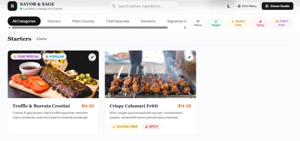 SAVOR & SAGE • Gourmet Restaurant Menu