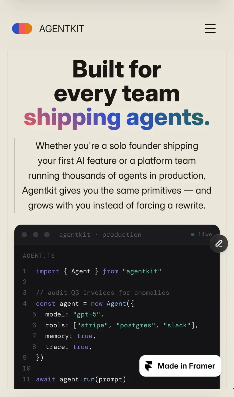 Agentkit â Ship production AI agents mobile view