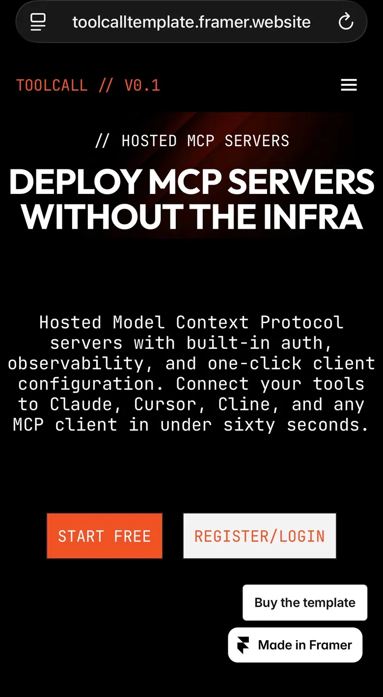 Toolcall â MCP Server SaaS Framer Template mobile view