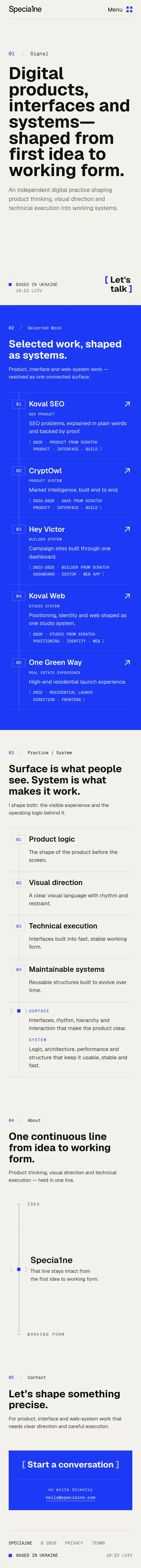 Specia1ne — Product interfaces and web systems mobile view