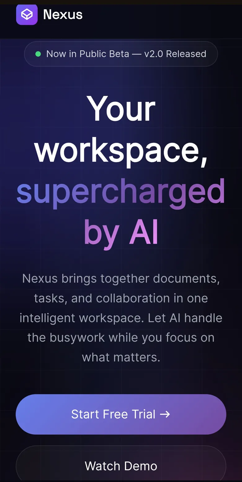 Nexus — AI-Powered Workspace mobile view
