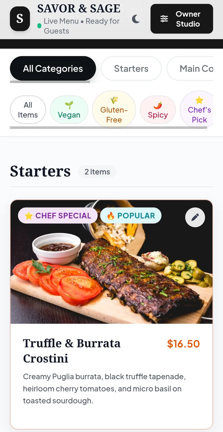 SAVOR & SAGE • Gourmet Restaurant Menu mobile view