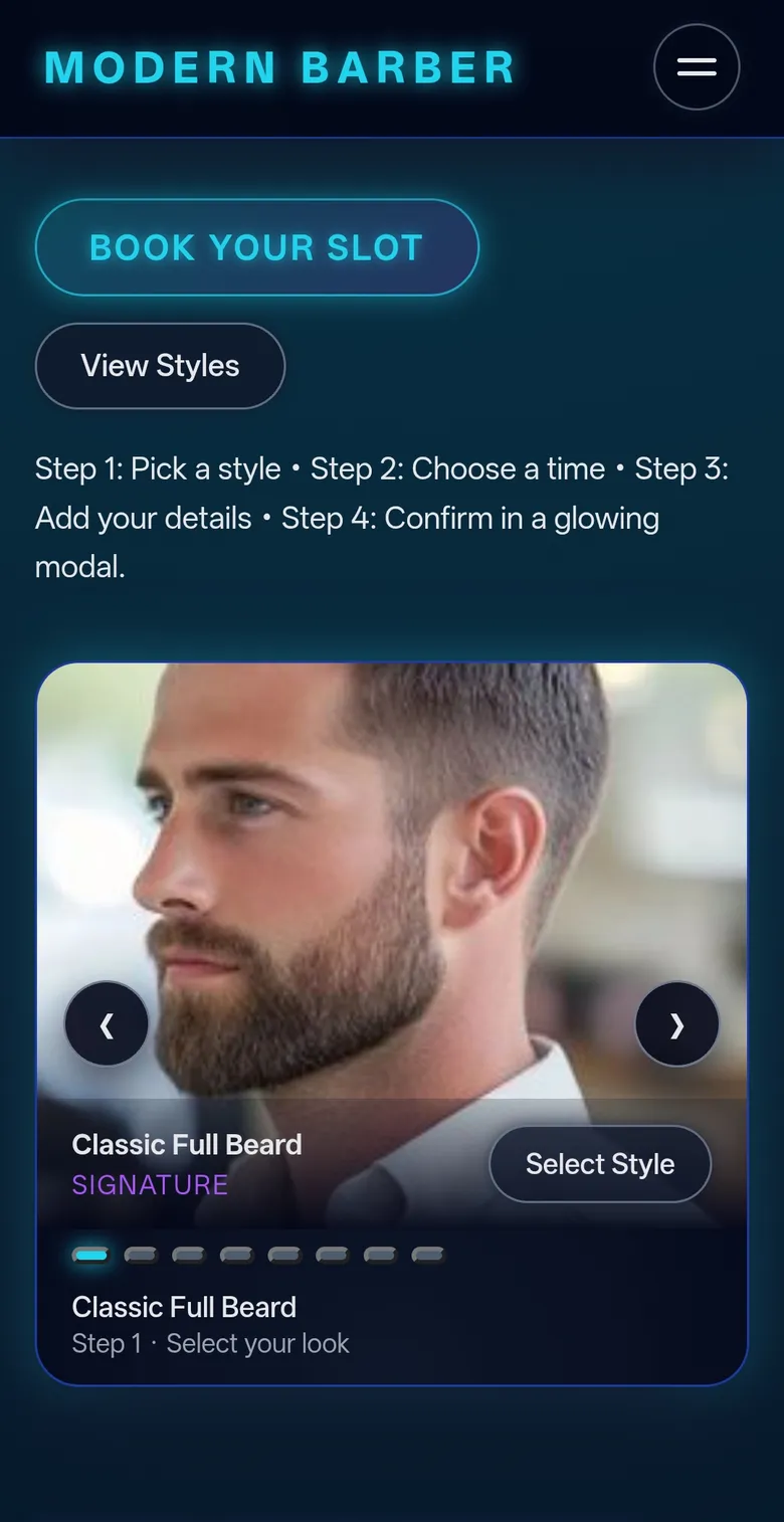 Modern Barber Booking mobile view