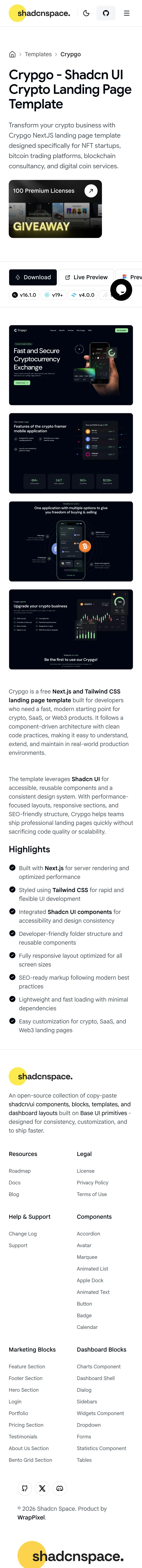 Crypgo - Shadcn UI Crypto Landing Page Template mobile view