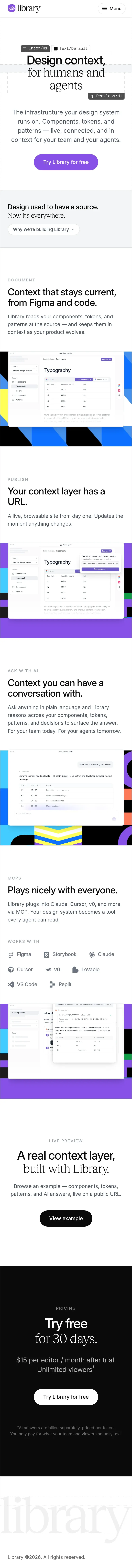Library — Design systems & context for humans and agents mobile view