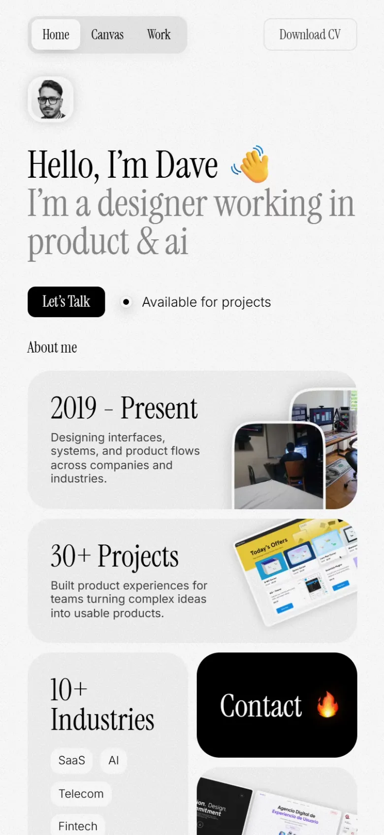 Home | Dave - Product Designer mobile view