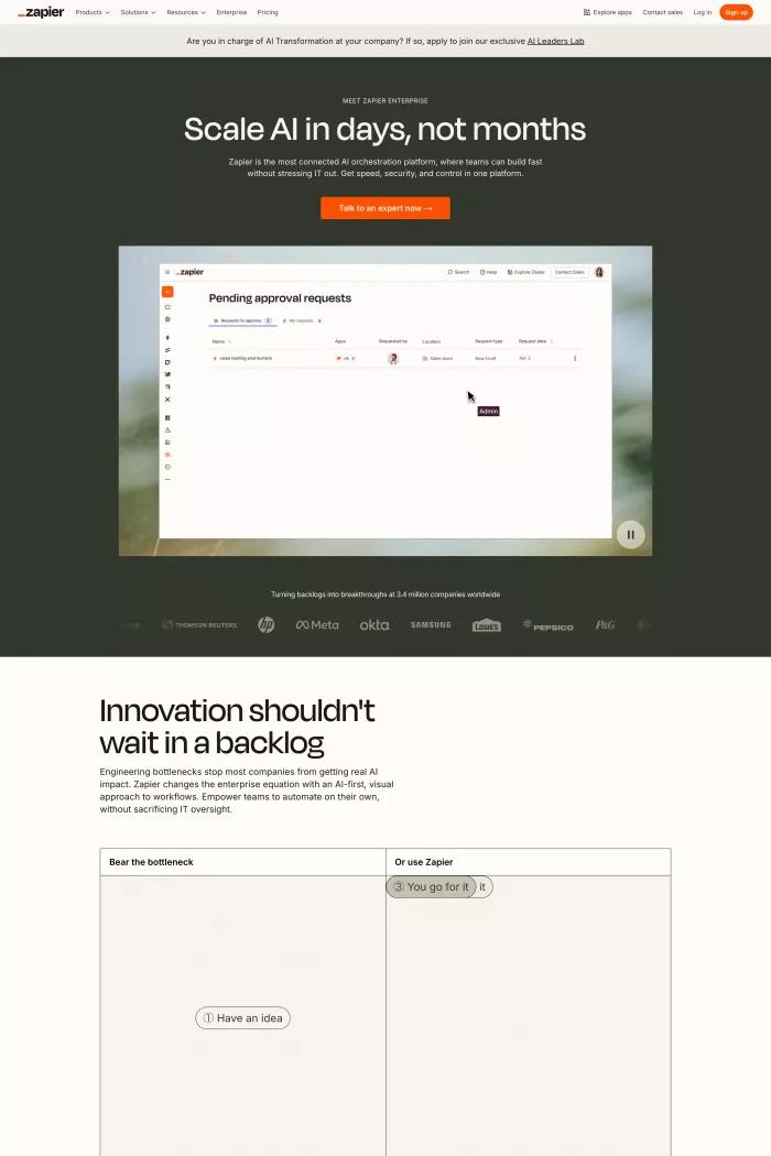 Screenshot taken from Zapier Enterprise | Scale AI Workflows Fast and Securely