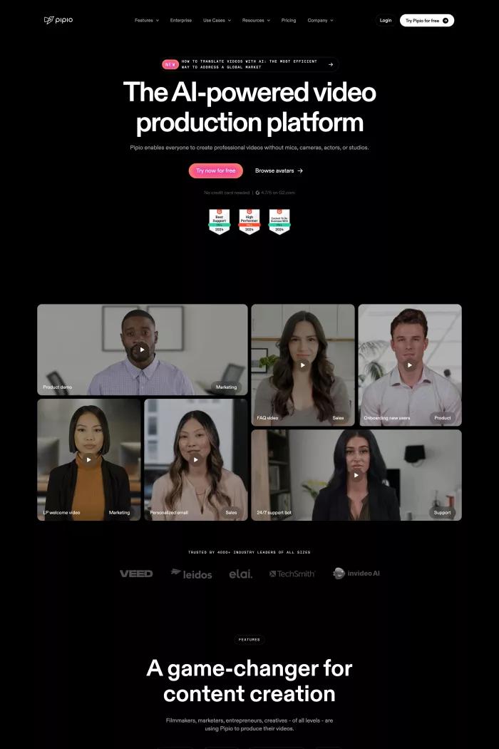 Screenshot taken from Pipio | The AI-powered video production platform